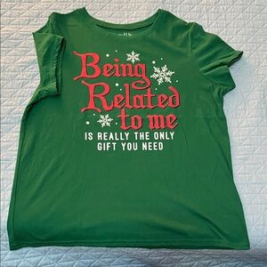Wound Up Green Holiday Tee with Red and White Print